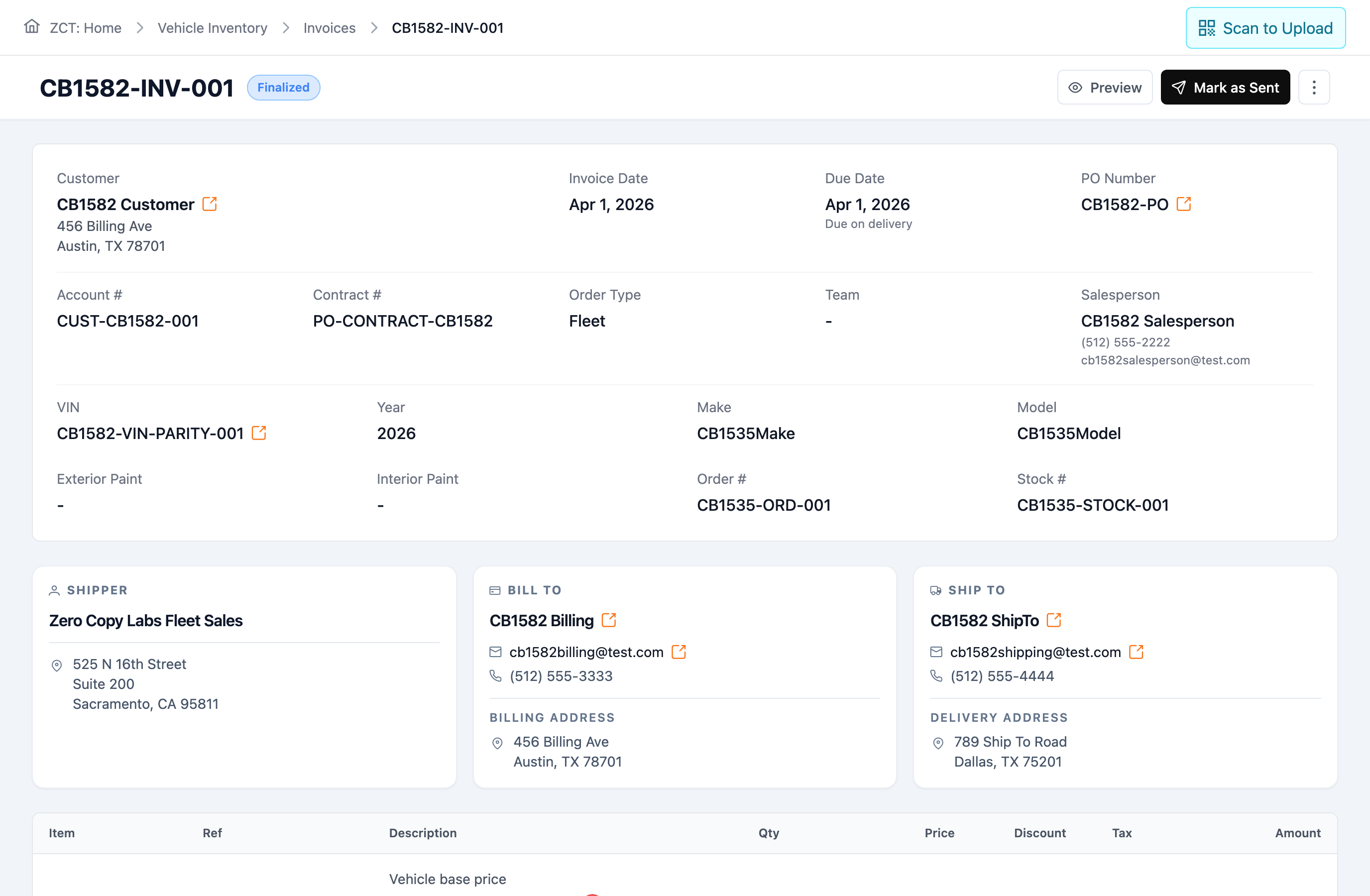 Carbotic invoice CB1582-INV-001, marked Finalized, showing the customer, invoice and due dates, PO number and VIN above shipper, bill-to and ship-to cards.