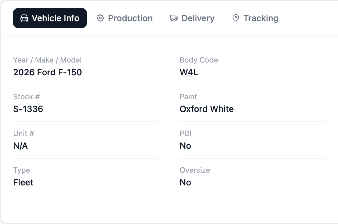 Vehicle record, Vehicle Info tab: year, make and model 2026 Ford F-150, body code W4L, stock number S-1336, paint Oxford White, unit number, PDI, type Fleet and oversize.