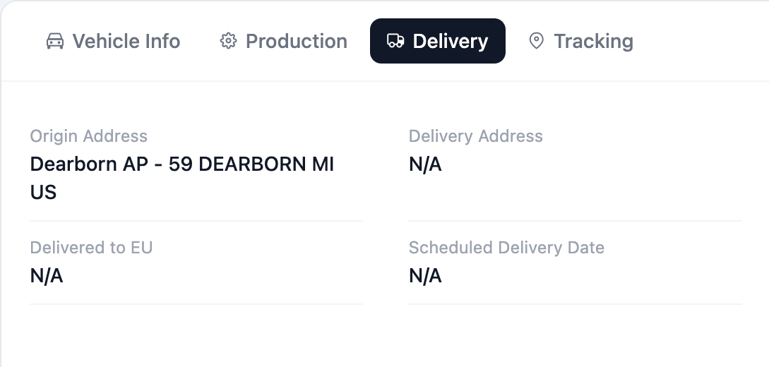 Vehicle record, Delivery tab: origin address Dearborn AP - 59 Dearborn MI US, delivery address, delivered to EU and scheduled delivery date.