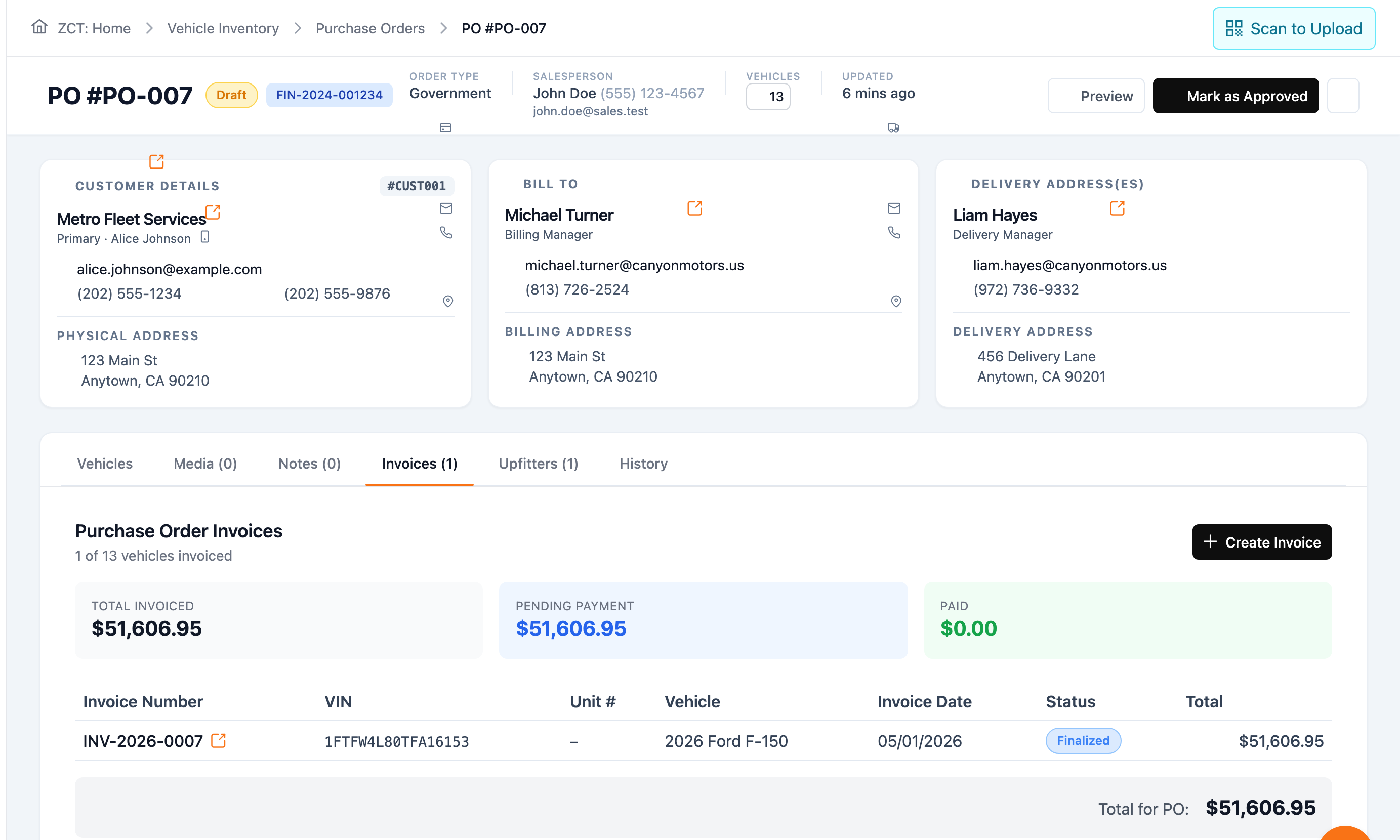 Carbotic purchase order PO-007: customer, bill-to and delivery address cards above the Invoices tab showing total invoiced, pending payment and one finalized invoice.