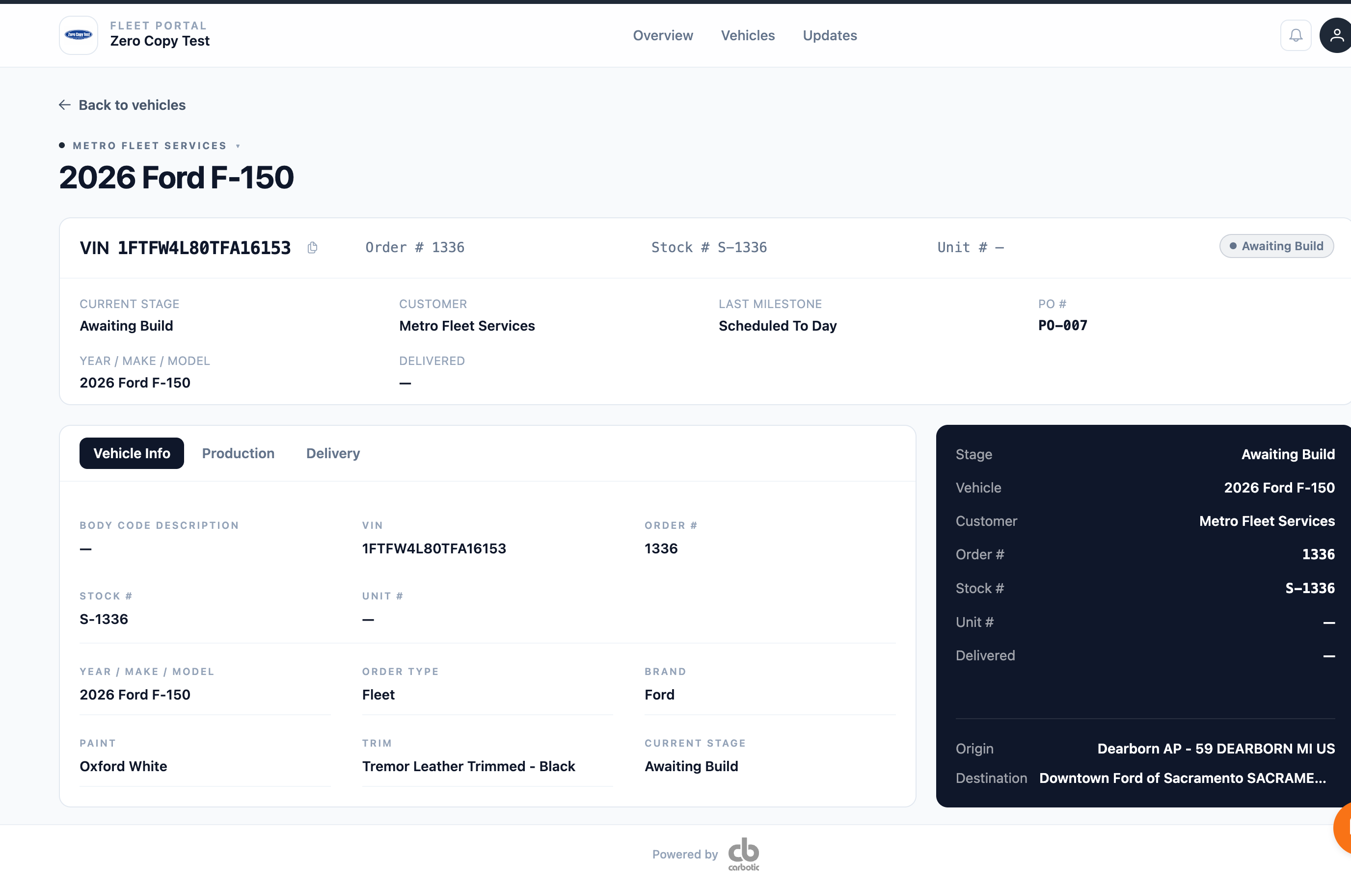 Customer portal vehicle record for the same VIN.