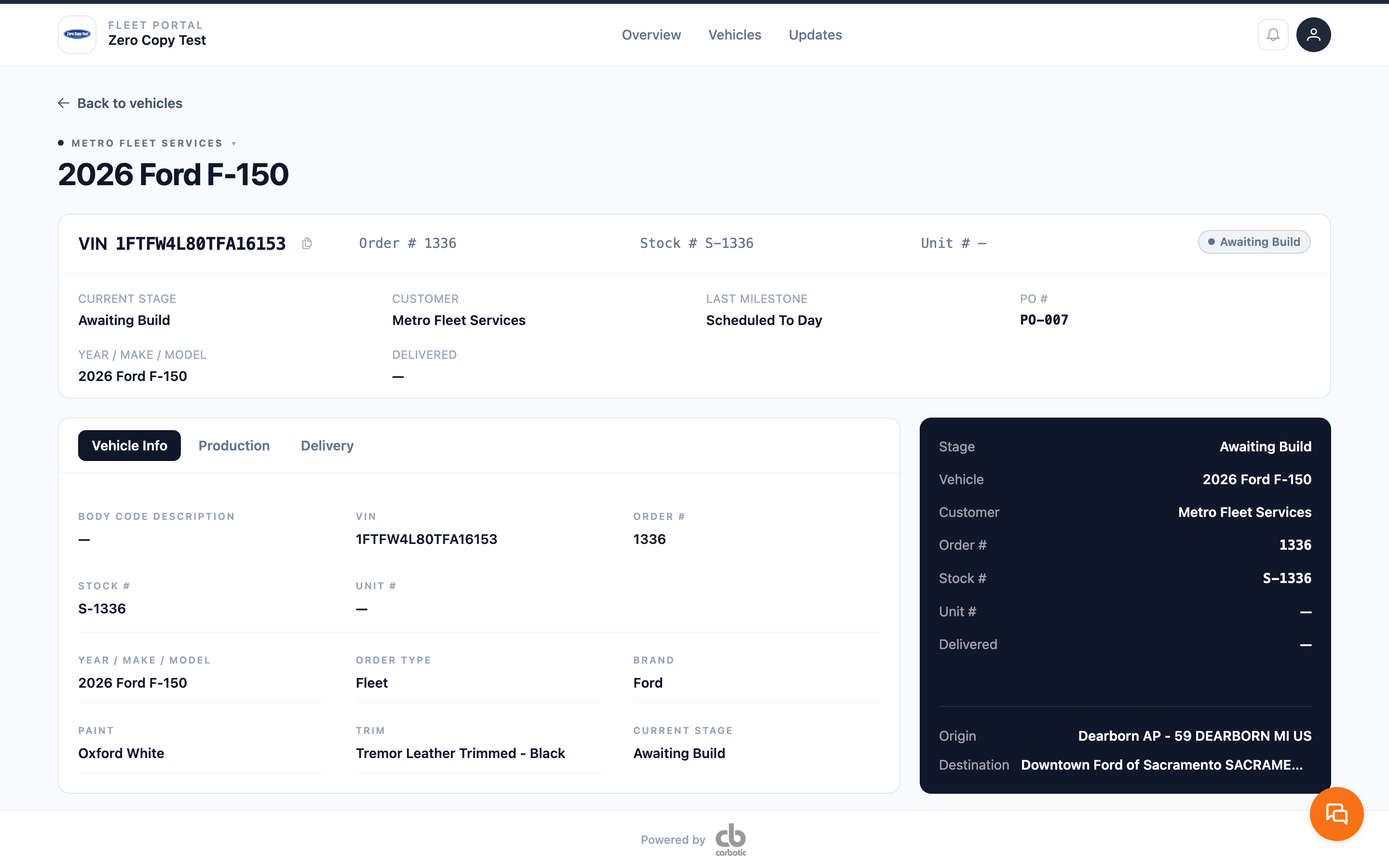 Customer portal vehicle record for the same VIN.