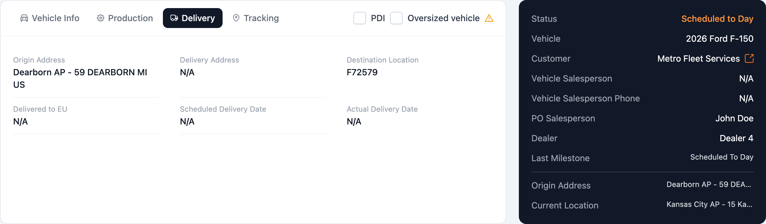 Carbotic vehicle record with the Delivery tab active: origin address, delivery address, destination location and delivery dates, beside the dark status panel showing the customer, last milestone and current location.