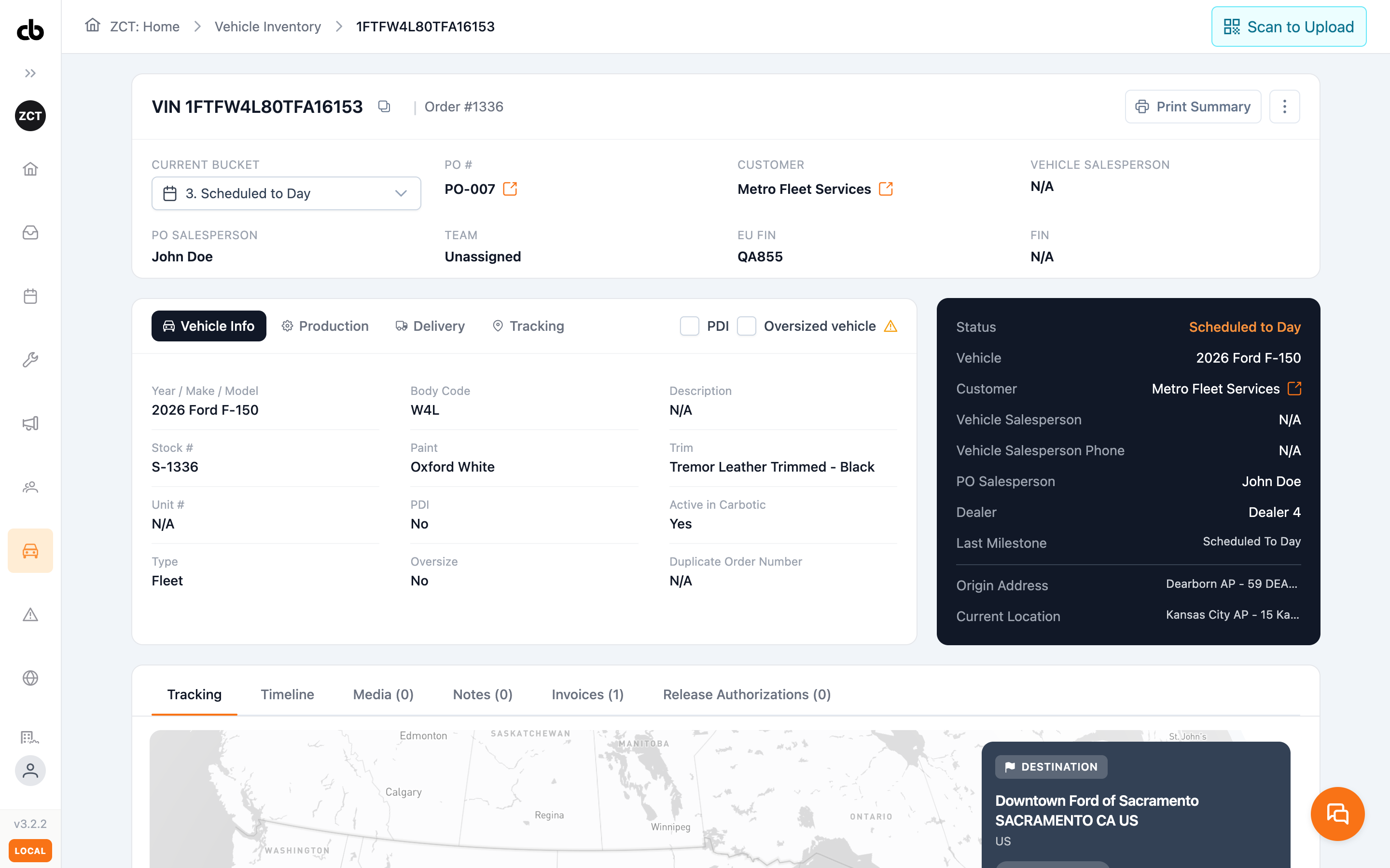 Internal vehicle record: identity header, vehicle info tab, dark status panel and tracking map.