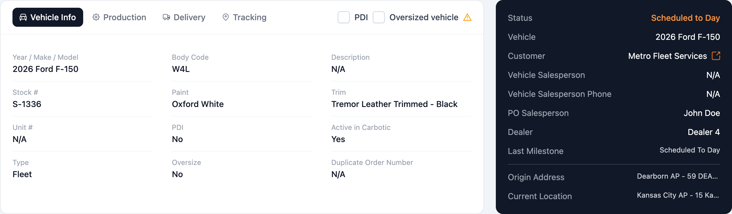 Carbotic vehicle record, Vehicle Info tab: year, make and model, stock number, paint, trim and vehicle type, beside a dark status panel naming the status, customer and last milestone.