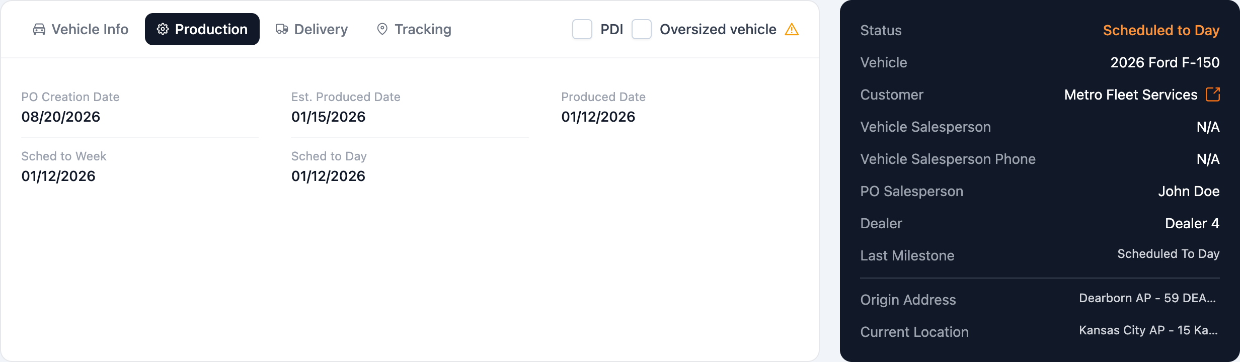 Carbotic vehicle record with the Production tab active: purchase-order creation date, estimated and actual produced dates, and scheduled-to-week and scheduled-to-day dates, beside the dark status panel.